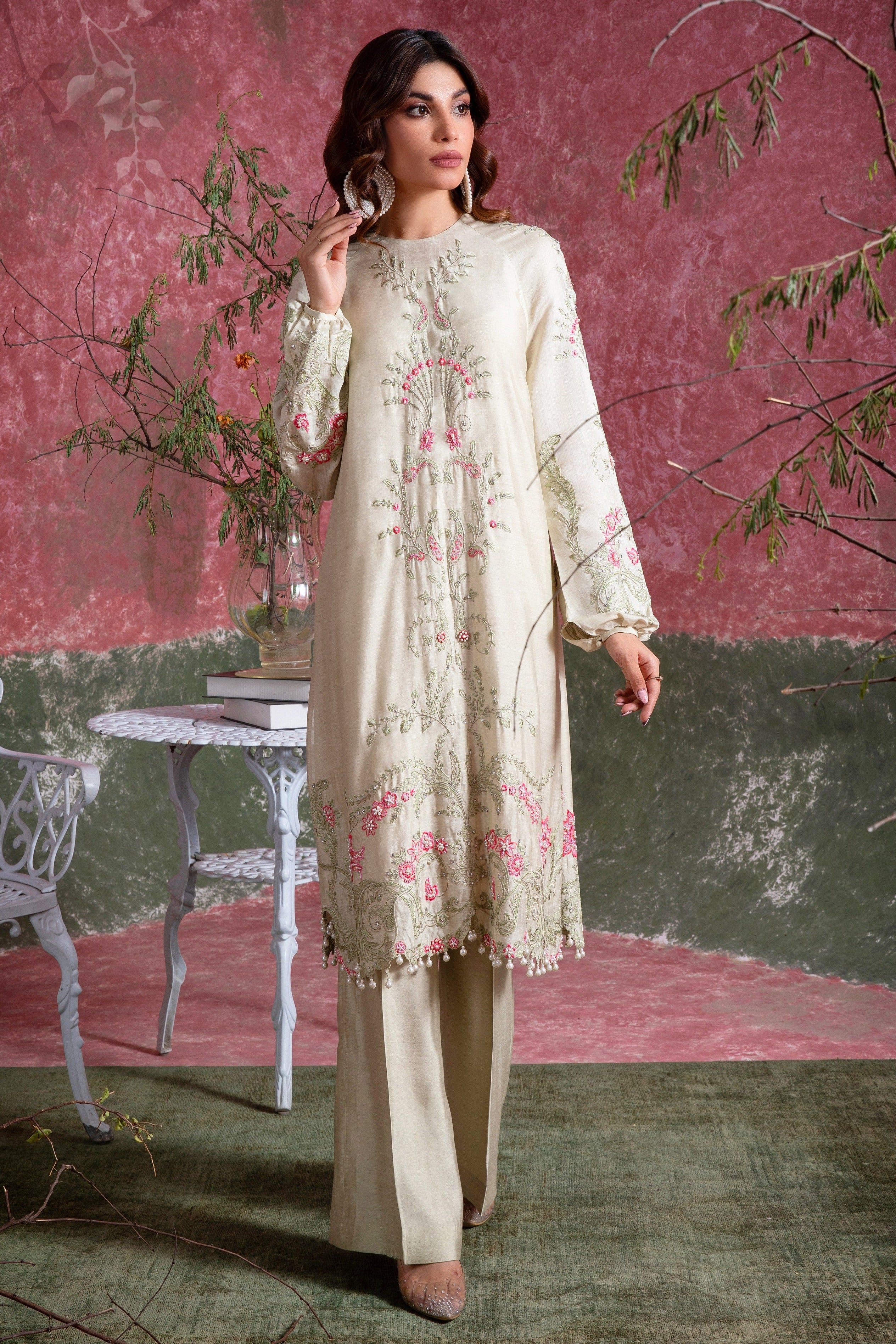 Meadow Mist Green Embroidered Khadi Silk Salwar Kameez (2-Piece) - Image 3