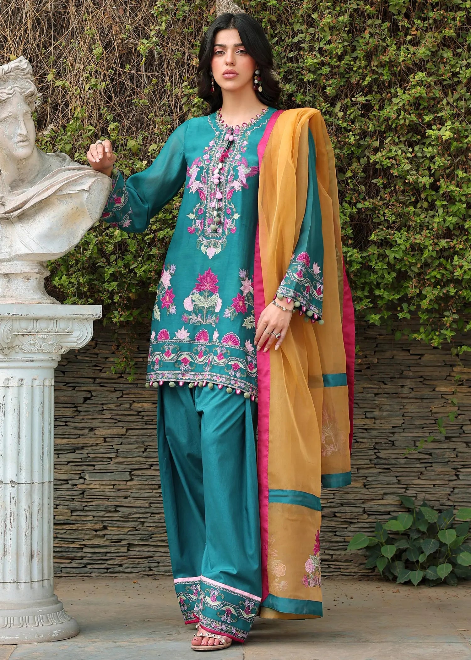 Emerald Green Embroidered Kora Cotton Salwar Kameez (3-Piece) - Image 1