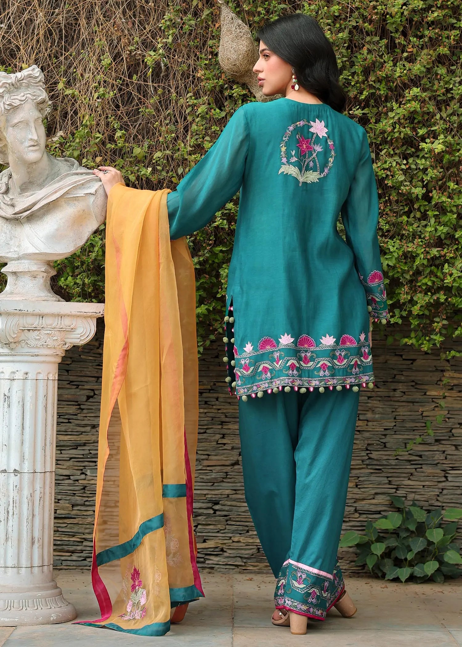 Emerald Green Embroidered Kora Cotton Salwar Kameez (3-Piece) - Image 4