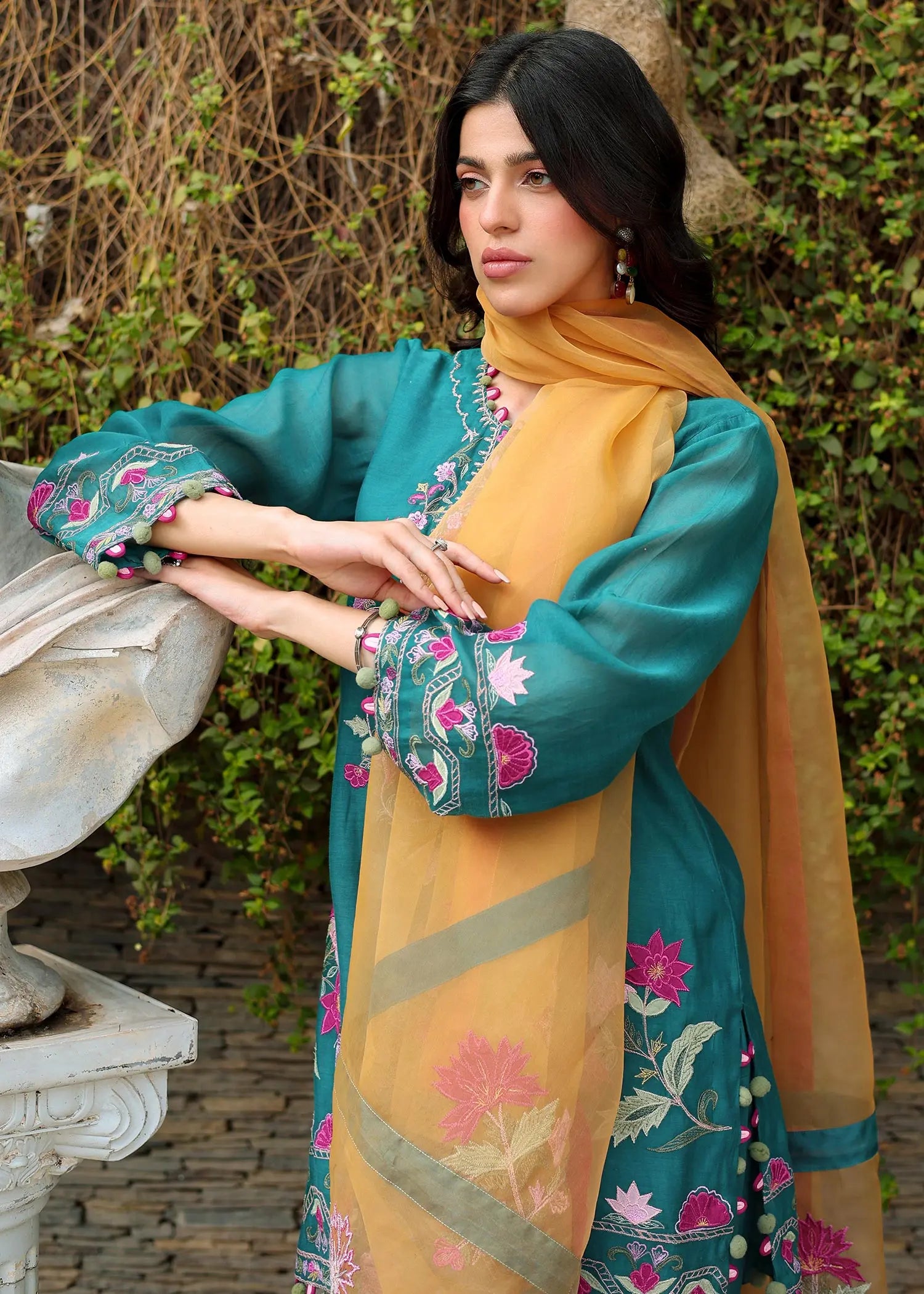 Emerald Green Embroidered Kora Cotton Salwar Kameez (3-Piece) - Image 6