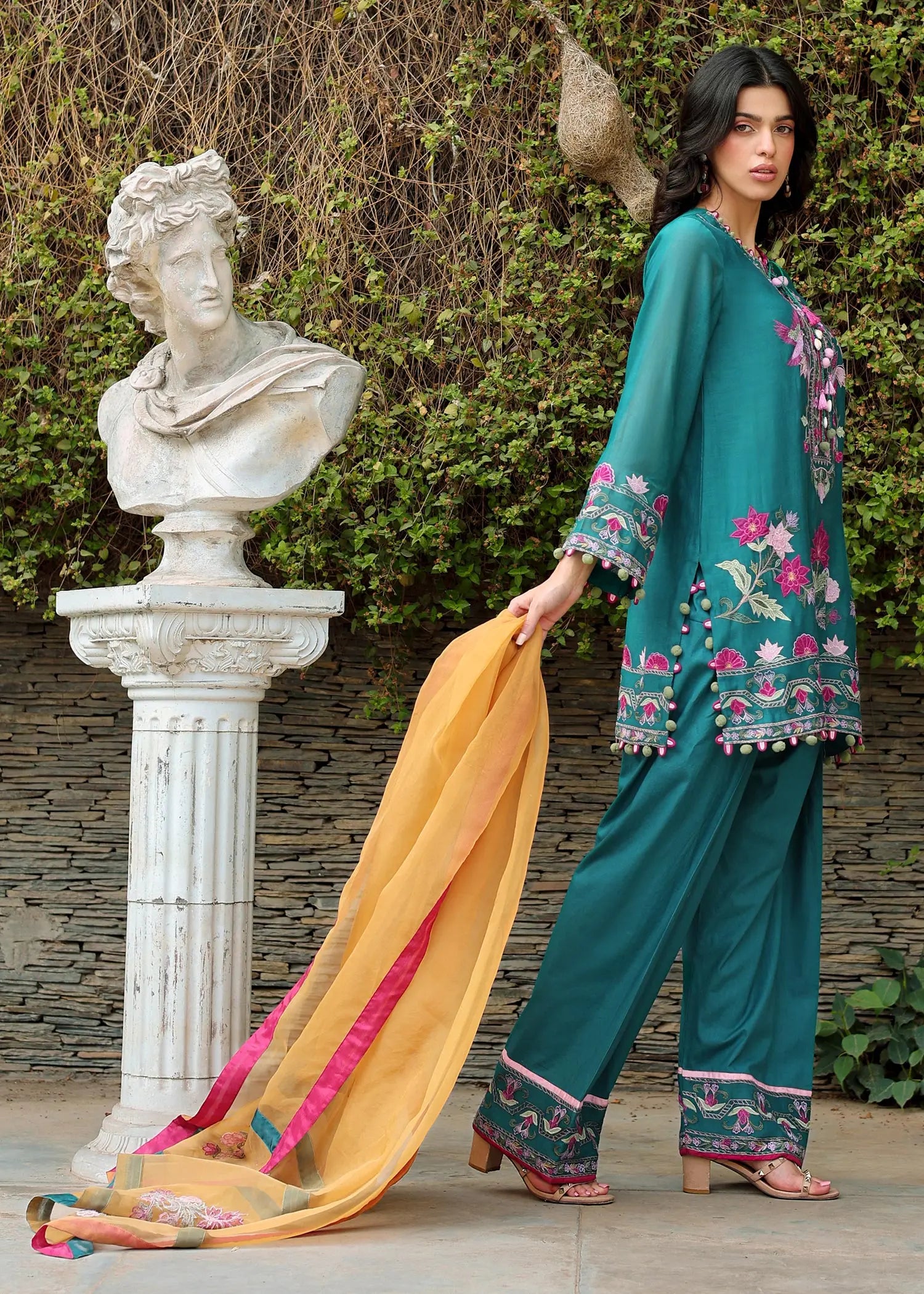 Emerald Green Embroidered Kora Cotton Salwar Kameez (3-Piece) - Image 7