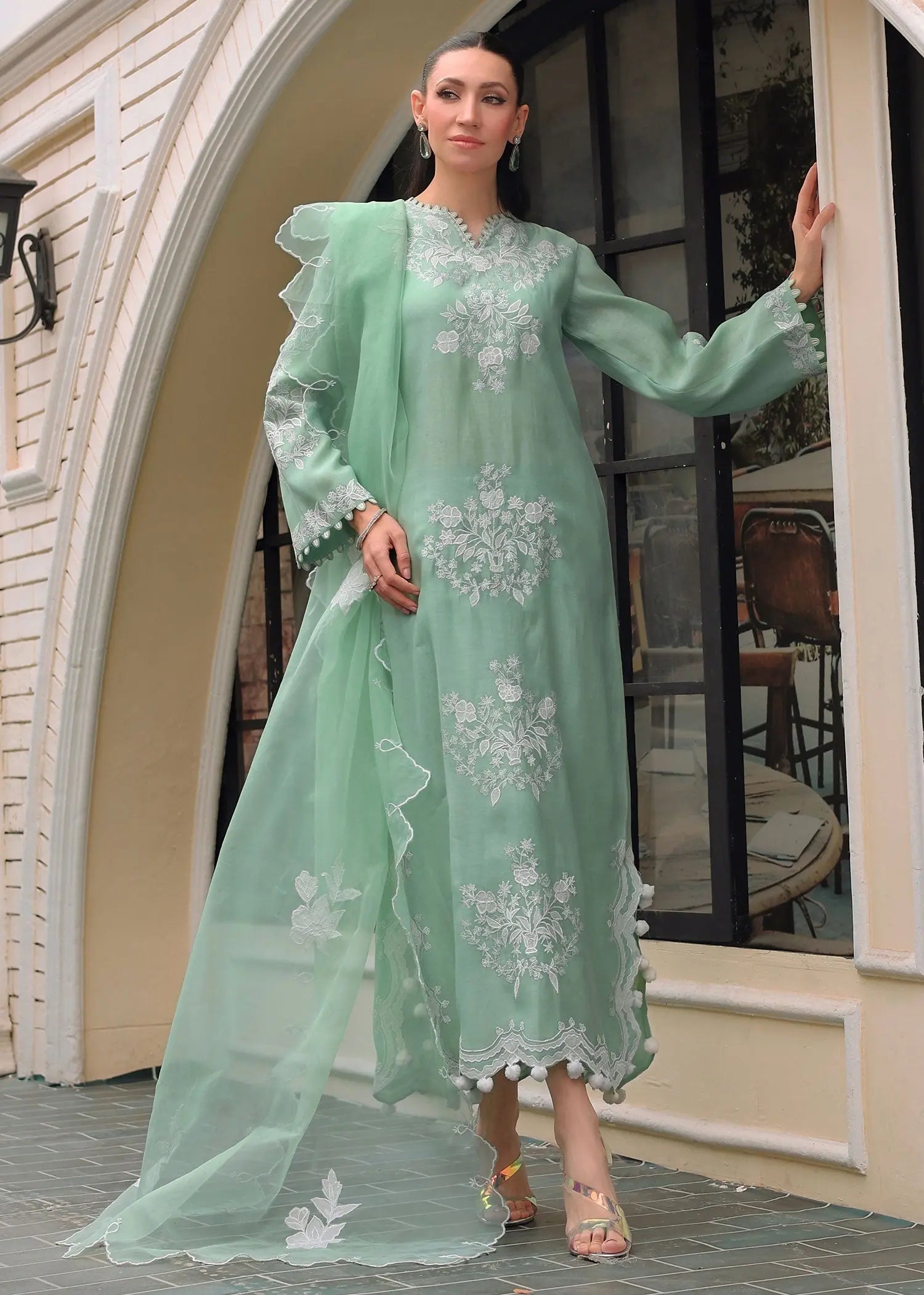 Mint Green Embroidered Kora Cotton Salwar Kameez (3-Piece) - Image 1