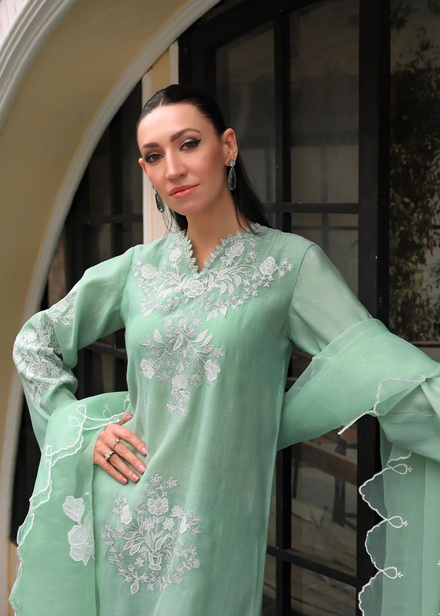 Mint Green Embroidered Kora Cotton Salwar Kameez (3-Piece) - Image 2