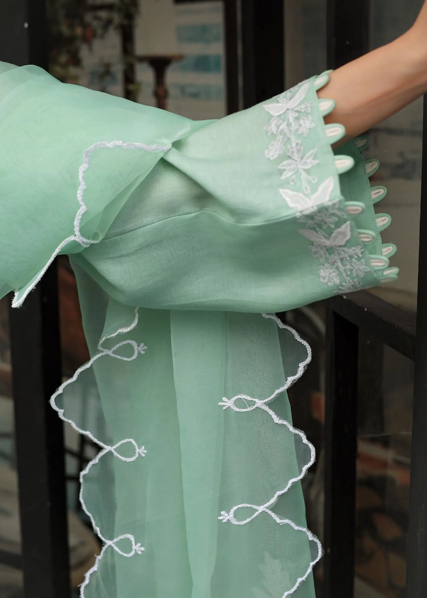 Mint Green Embroidered Kora Cotton Salwar Kameez (3-Piece) - Image 3