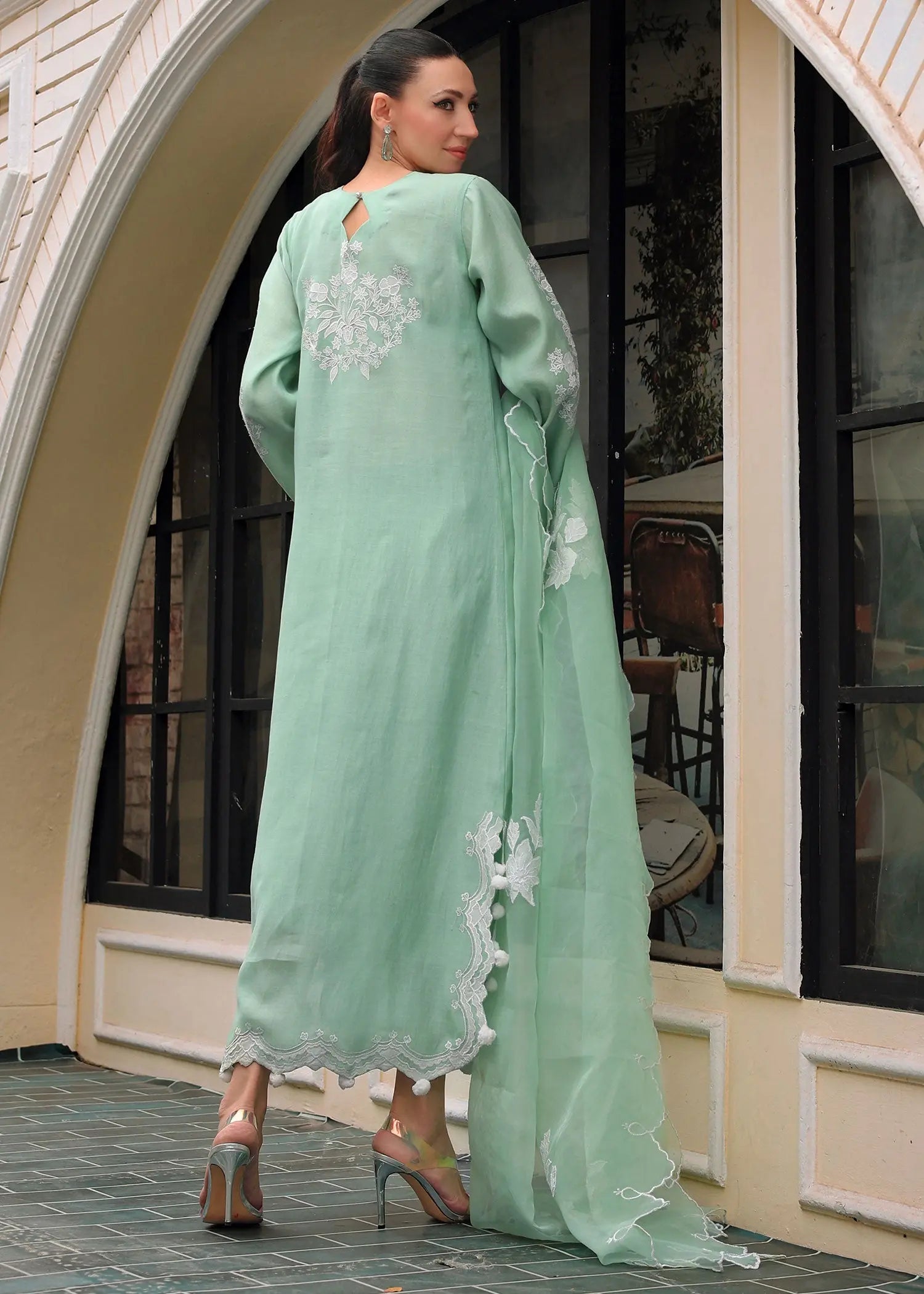 Mint Green Embroidered Kora Cotton Salwar Kameez (3-Piece) - Image 4