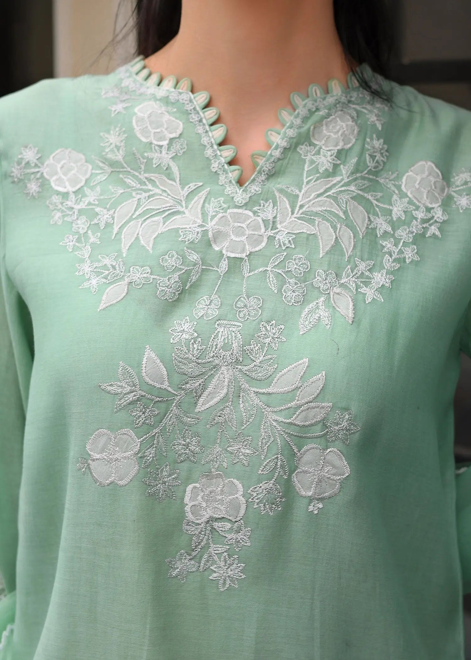 Mint Green Embroidered Kora Cotton Salwar Kameez (3-Piece) - Image 6