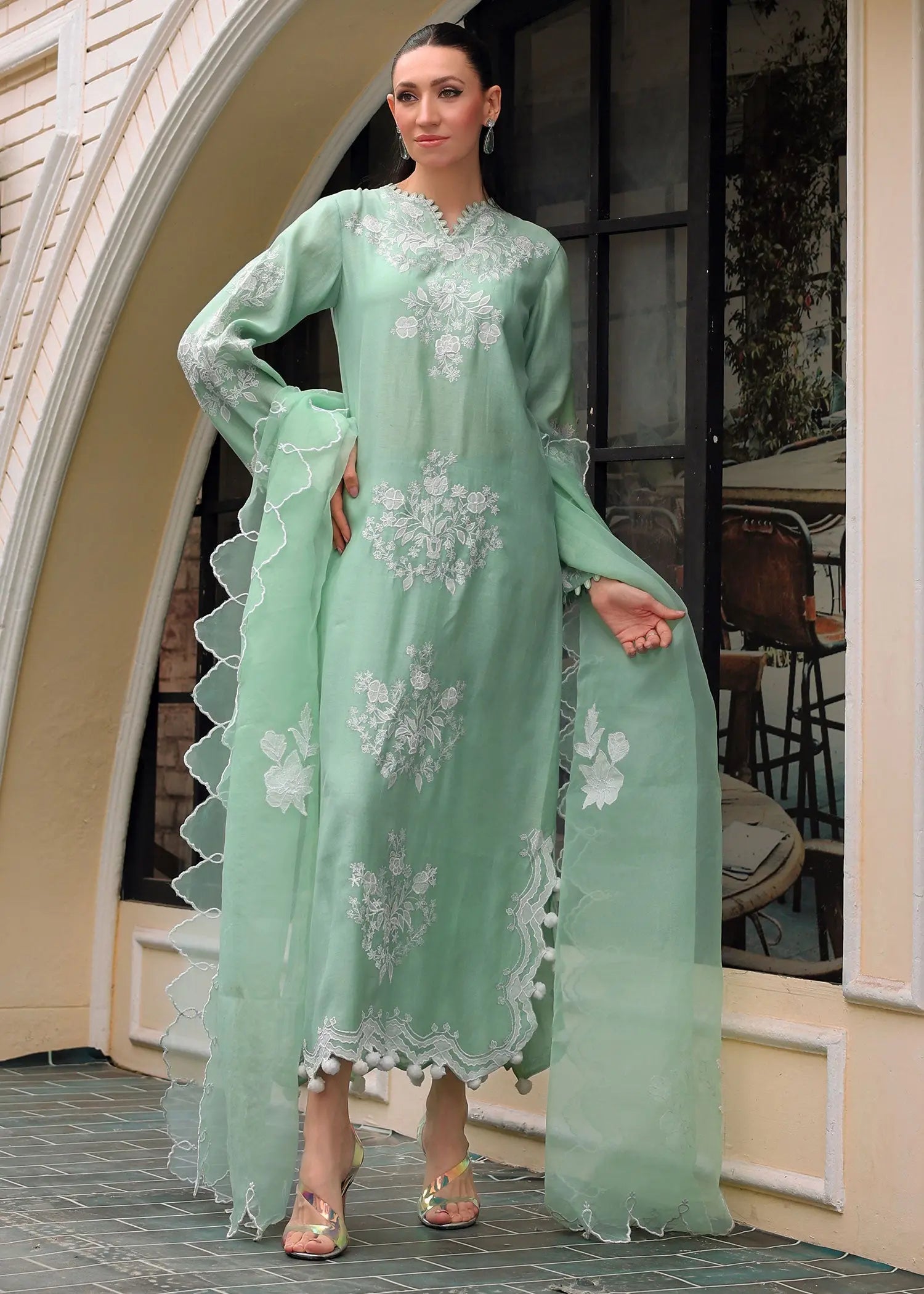 Mint Green Embroidered Kora Cotton Salwar Kameez (3-Piece) - Image 8