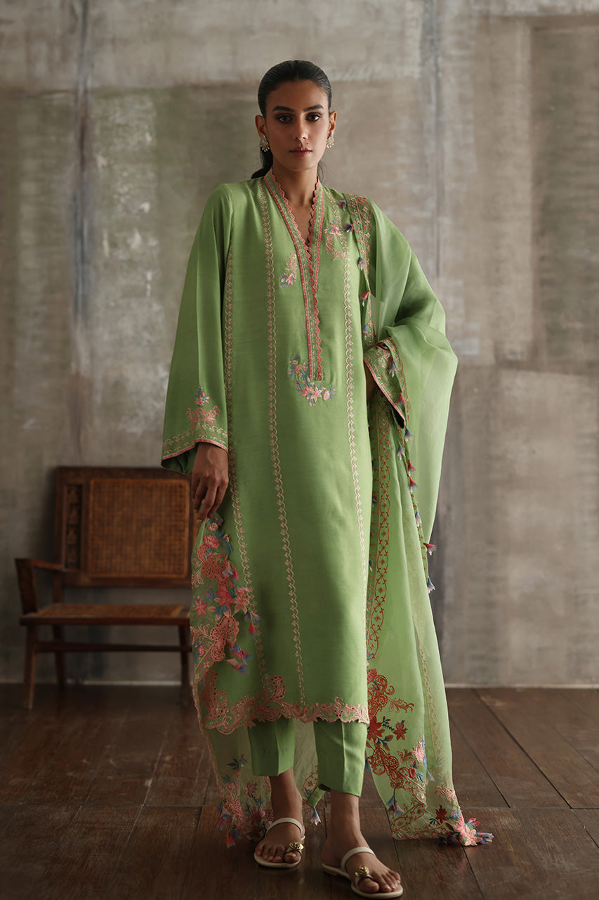 Pakistani Sage Green Embroidered Pure Kora Slub Kurta Set (3-Piece) - Image 1