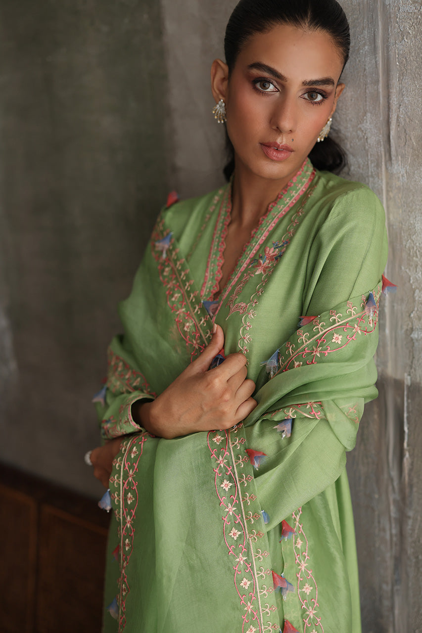 Pakistani Sage Green Embroidered Pure Kora Slub Kurta Set (3-Piece) - Image 2