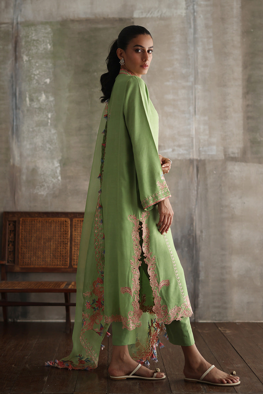 Pakistani Sage Green Embroidered Pure Kora Slub Kurta Set (3-Piece) - Image 3