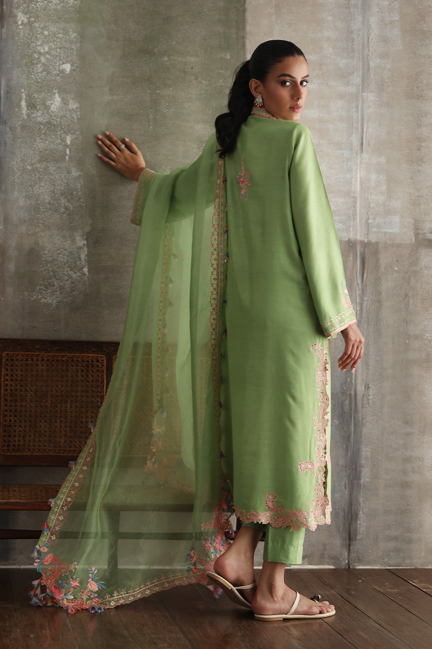 Pakistani Sage Green Embroidered Pure Kora Slub Kurta Set (3-Piece) - Image 4