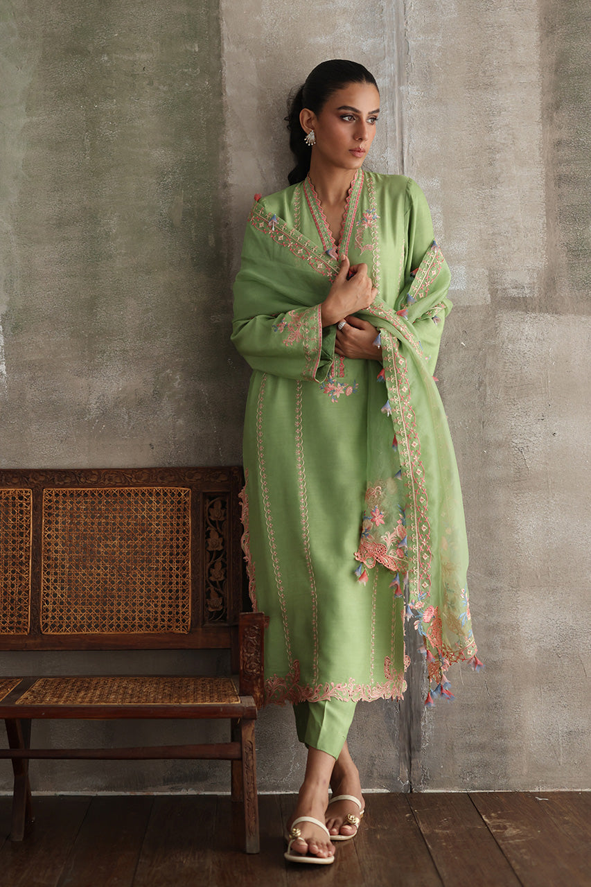 Pakistani Sage Green Embroidered Pure Kora Slub Kurta Set (3-Piece) - Image 5