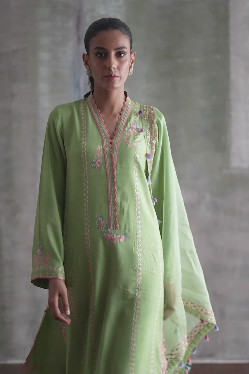 Pakistani Sage Green Embroidered Pure Kora Slub Kurta Set (3-Piece) - Image 6