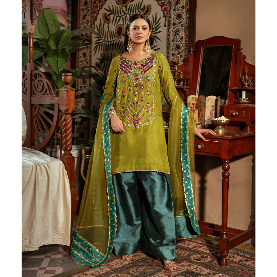 Pakistani Olive Gota Resham Korean Raw Silk Shalwar Kameez (3-Piece) - Image 1