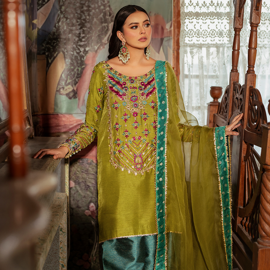 Pakistani Olive Gota Resham Korean Raw Silk Shalwar Kameez (3-Piece) - Image 2