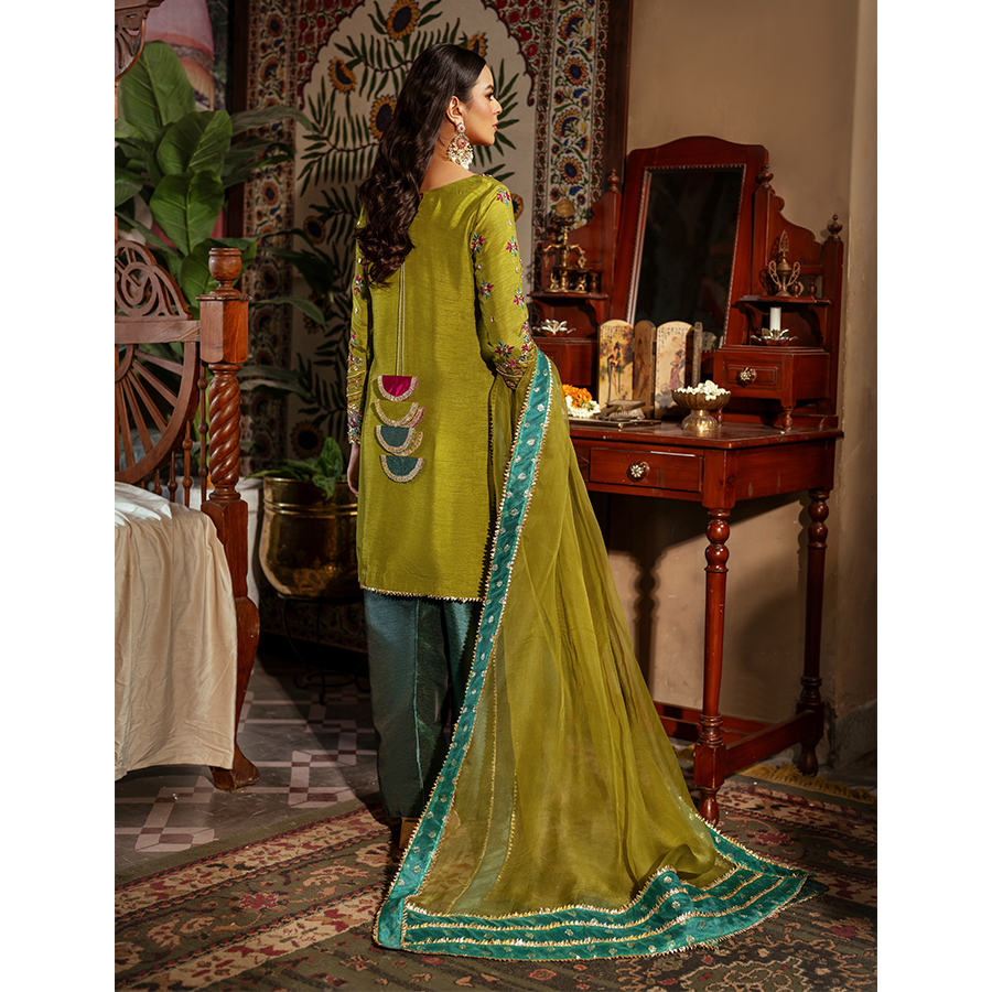 Pakistani Olive Gota Resham Korean Raw Silk Shalwar Kameez (3-Piece) - Image 5