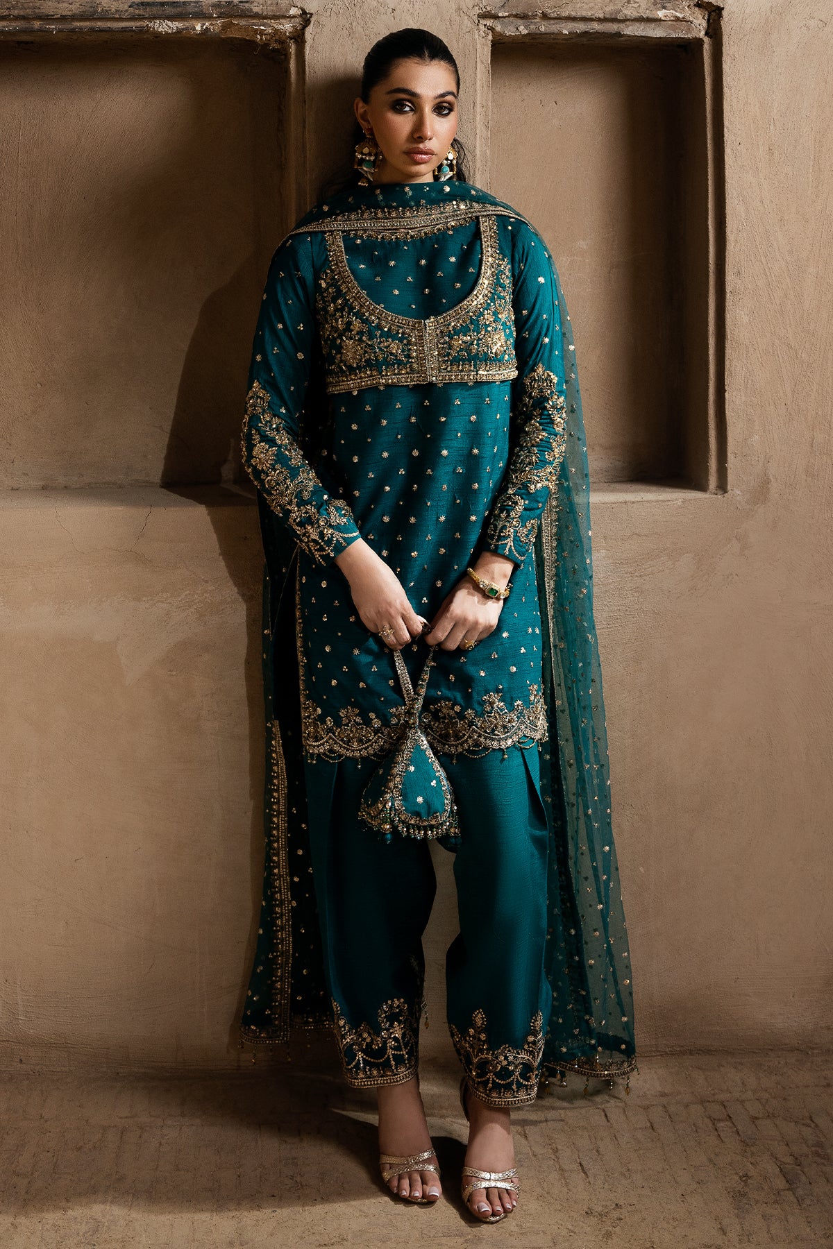 Pakistani Teal Embroidered Korean Raw Silk Salwar Kameez (3-Piece) - Image 1