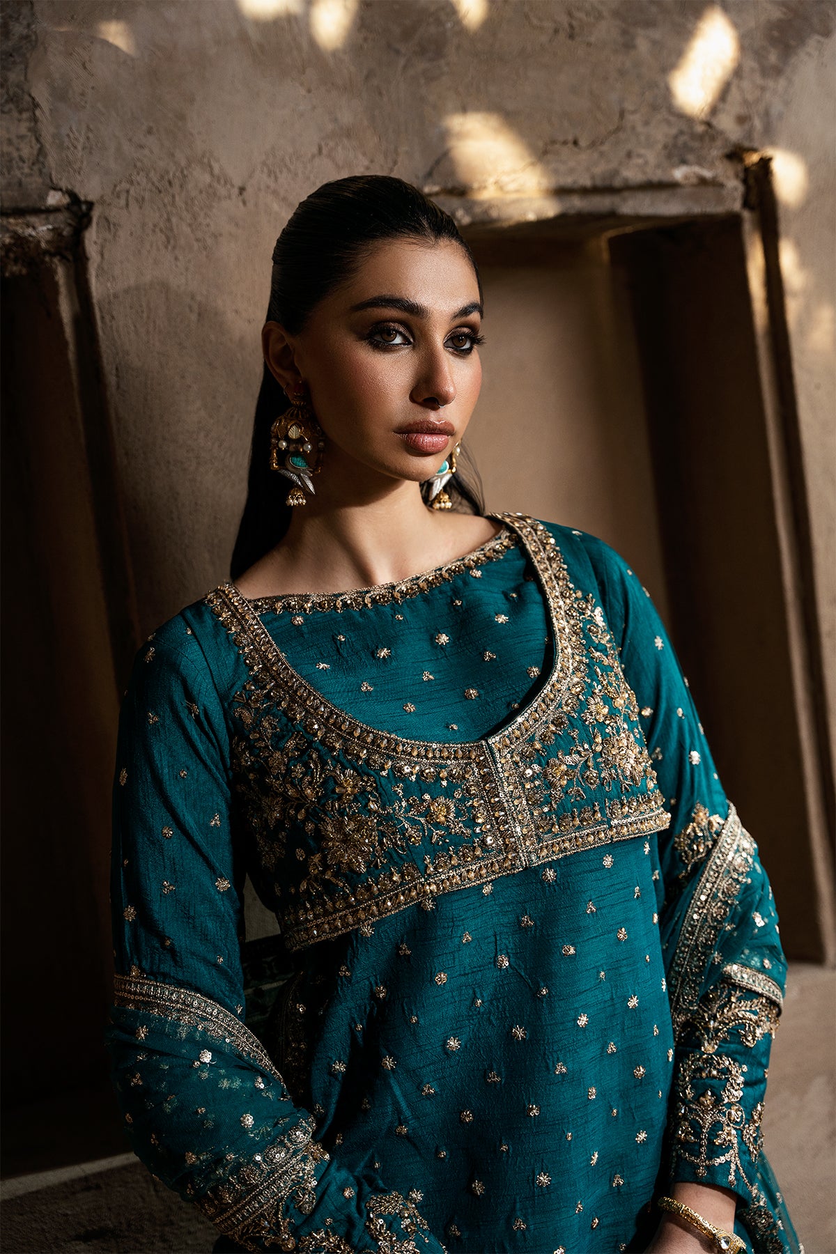 Pakistani Teal Embroidered Korean Raw Silk Salwar Kameez (3-Piece) - Image 2