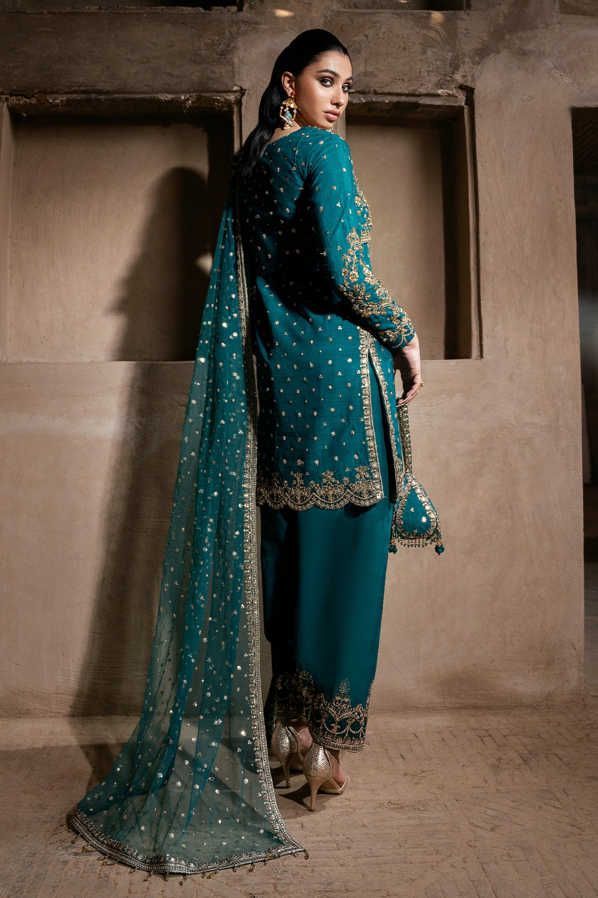 Pakistani Teal Embroidered Korean Raw Silk Salwar Kameez (3-Piece) - Image 3