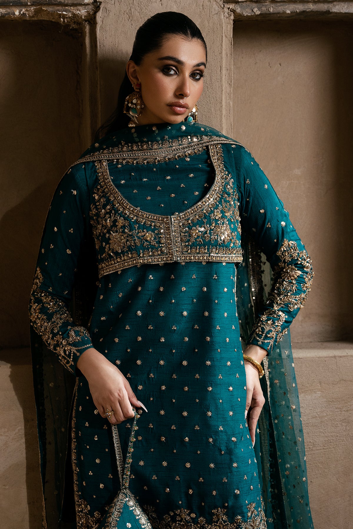 Pakistani Teal Embroidered Korean Raw Silk Salwar Kameez (3-Piece) - Image 4