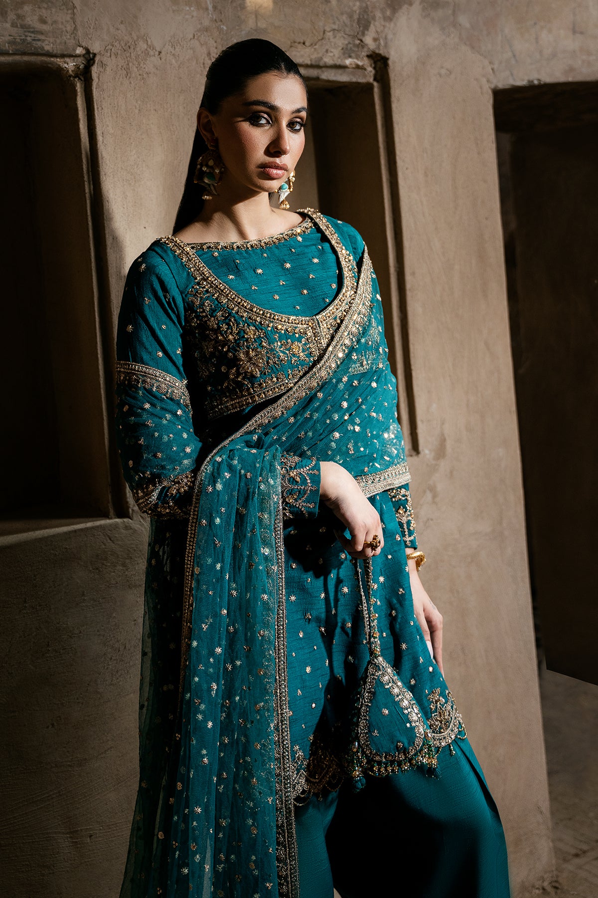 Pakistani Teal Embroidered Korean Raw Silk Salwar Kameez (3-Piece) - Image 5