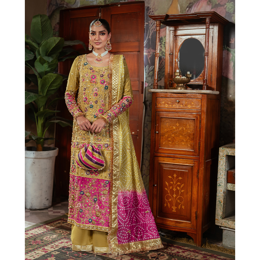 Lime Green Embroidered Korean Raw Silk Long Shirt (4-Piece) - Image 1