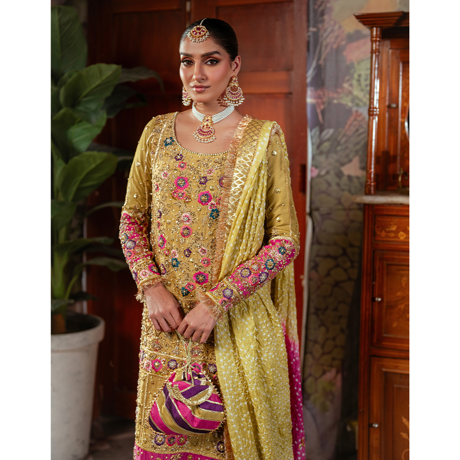 Lime Green Embroidered Korean Raw Silk Long Shirt (4-Piece) - Image 2