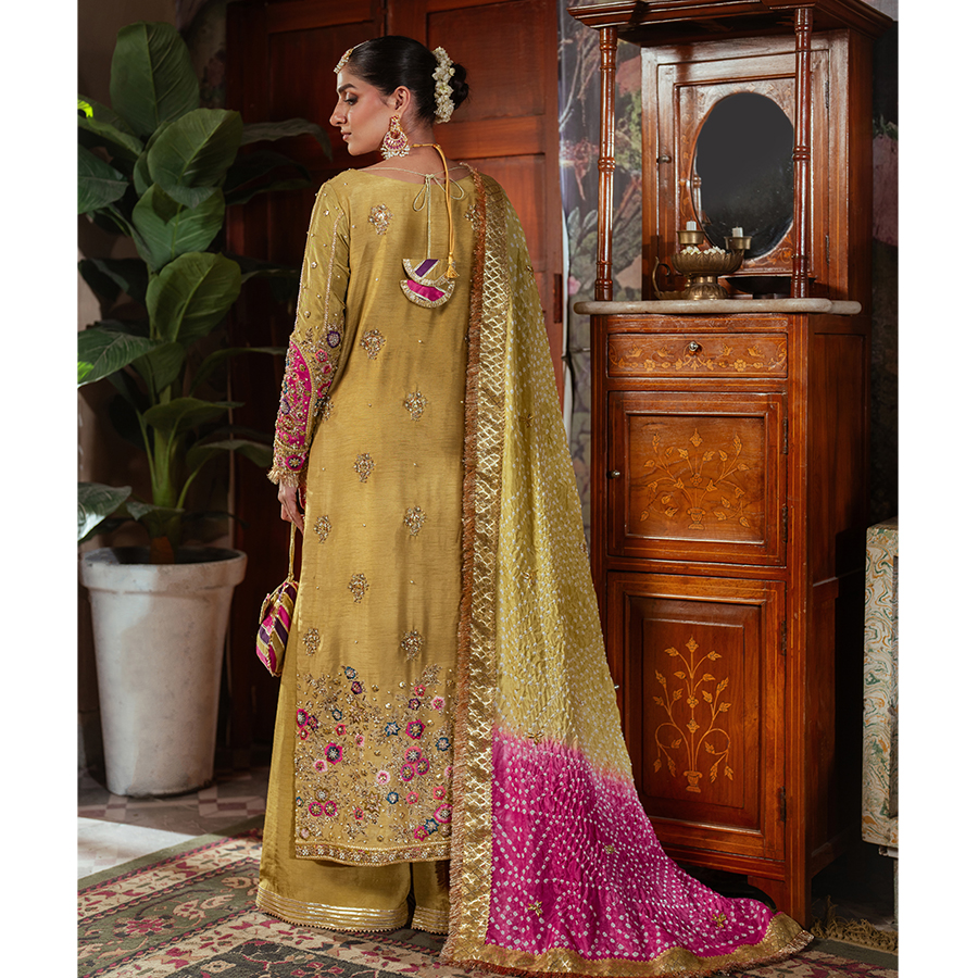 Lime Green Embroidered Korean Raw Silk Long Shirt (4-Piece) - Image 3