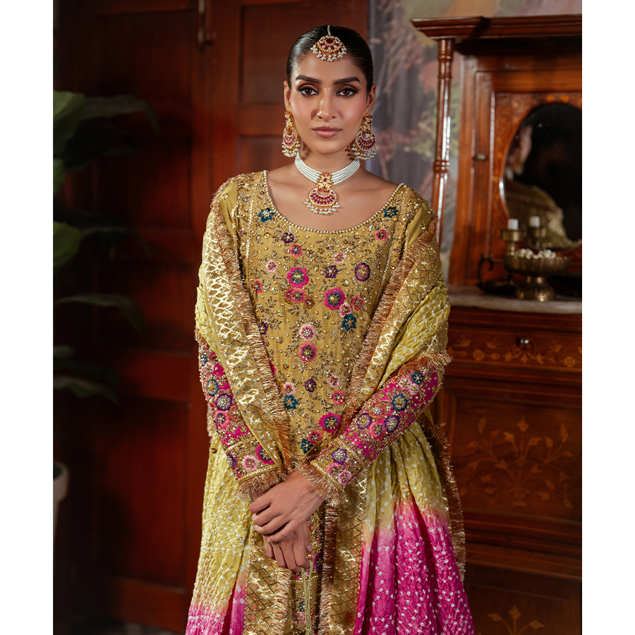 Lime Green Embroidered Korean Raw Silk Long Shirt (4-Piece) - Image 4