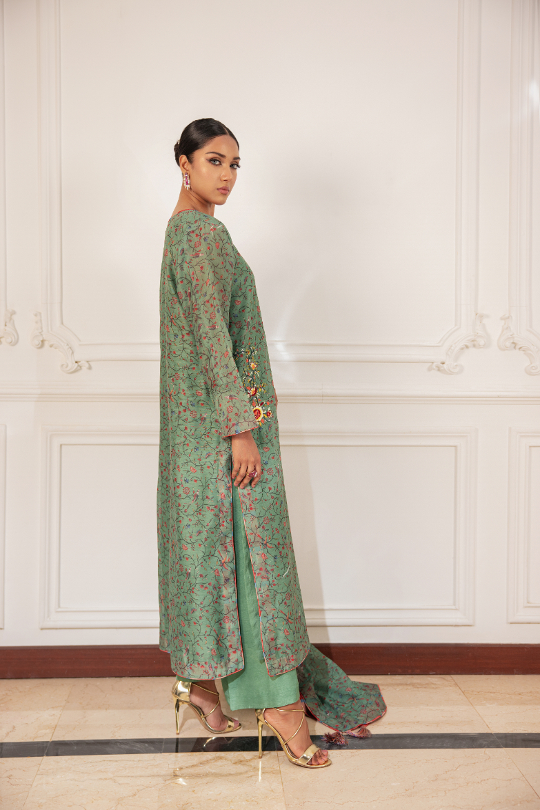 Olive Arri Embroidered Korean Silk Salwar Kameez (3-Piece) - Image 2