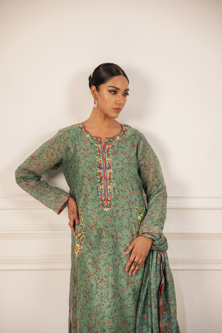 Olive Arri Embroidered Korean Silk Salwar Kameez (3-Piece) - Image 3
