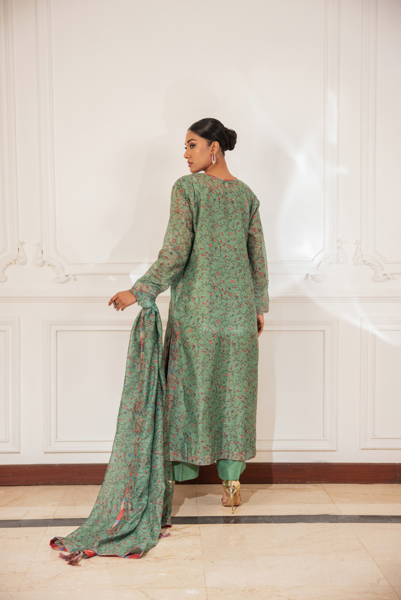 Olive Arri Embroidered Korean Silk Salwar Kameez (3-Piece) - Image 4