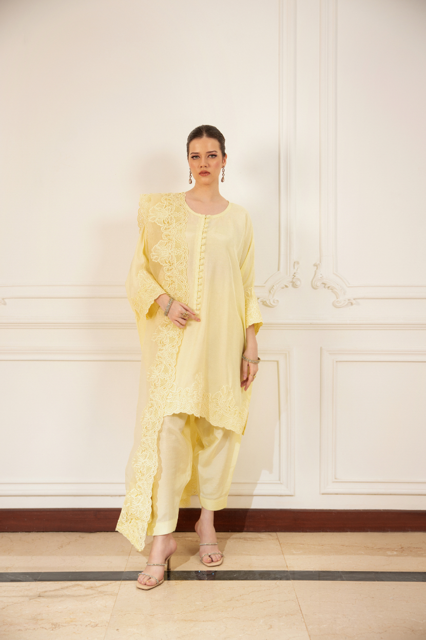 Lime Green Cutwork Embroidered Korean Silk Kurta Set (3-Piece) - Image 2