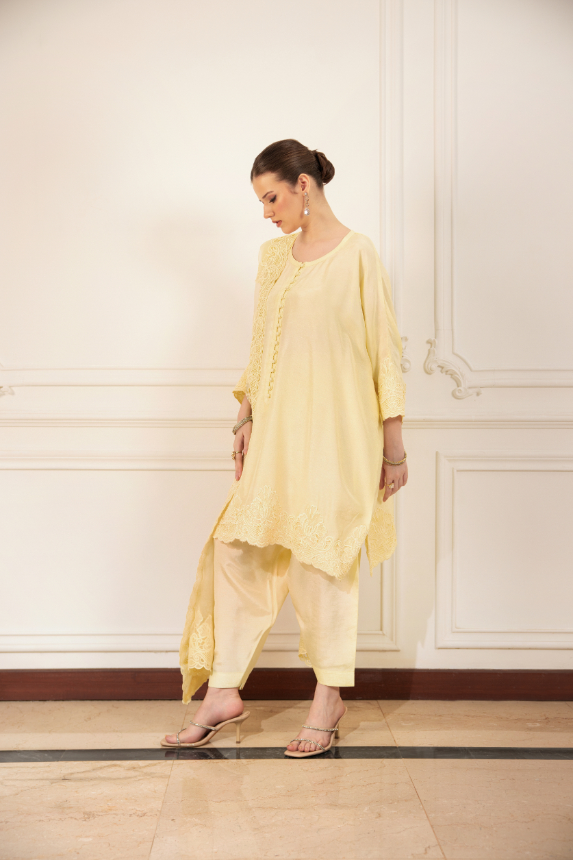 Lime Green Cutwork Embroidered Korean Silk Kurta Set (3-Piece) - Image 4