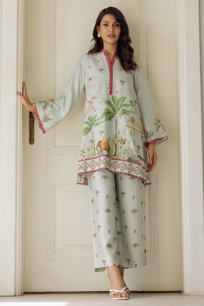 Pakistani Sage Green Printed Korean Silk Co-ord Set (2-Piece) - Image 1