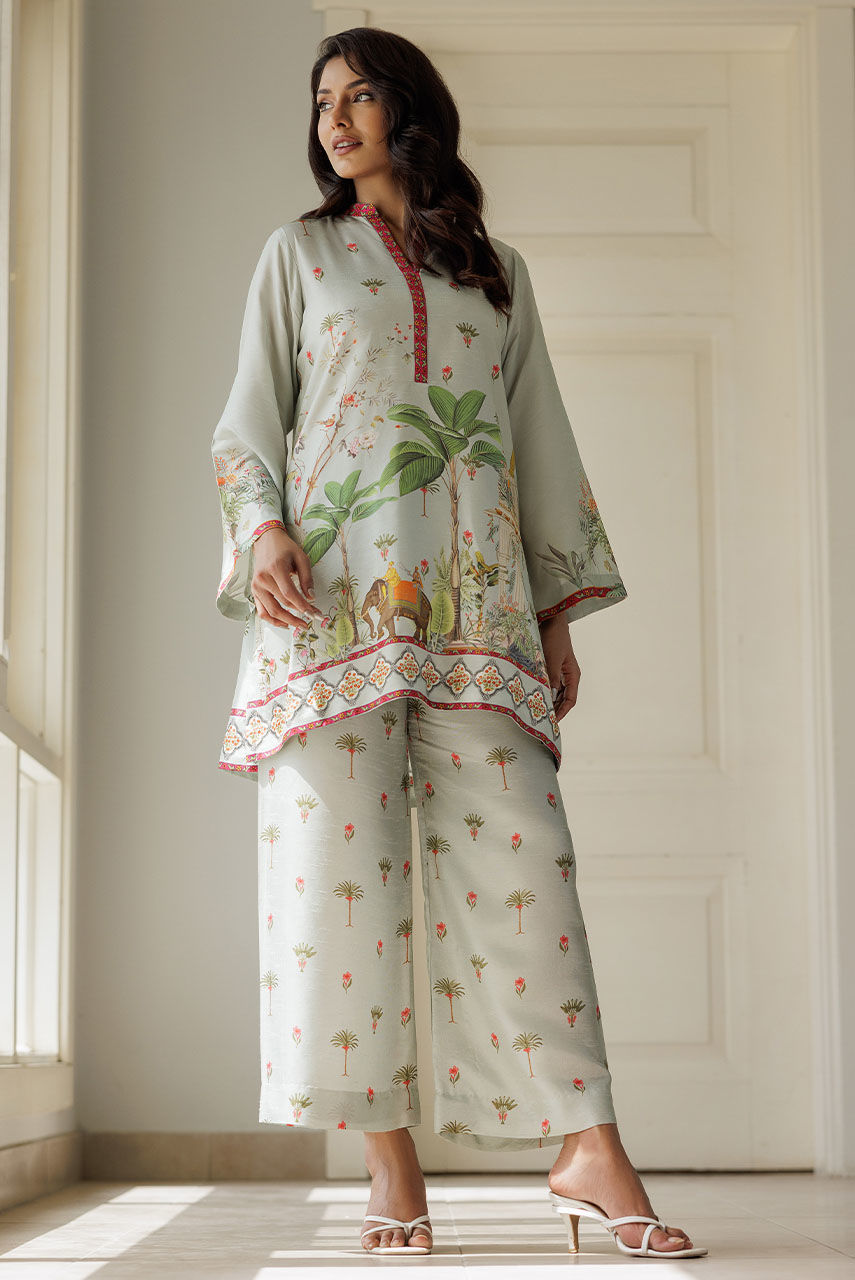 Pakistani Sage Green Printed Korean Silk Co-ord Set (2-Piece) - Image 2
