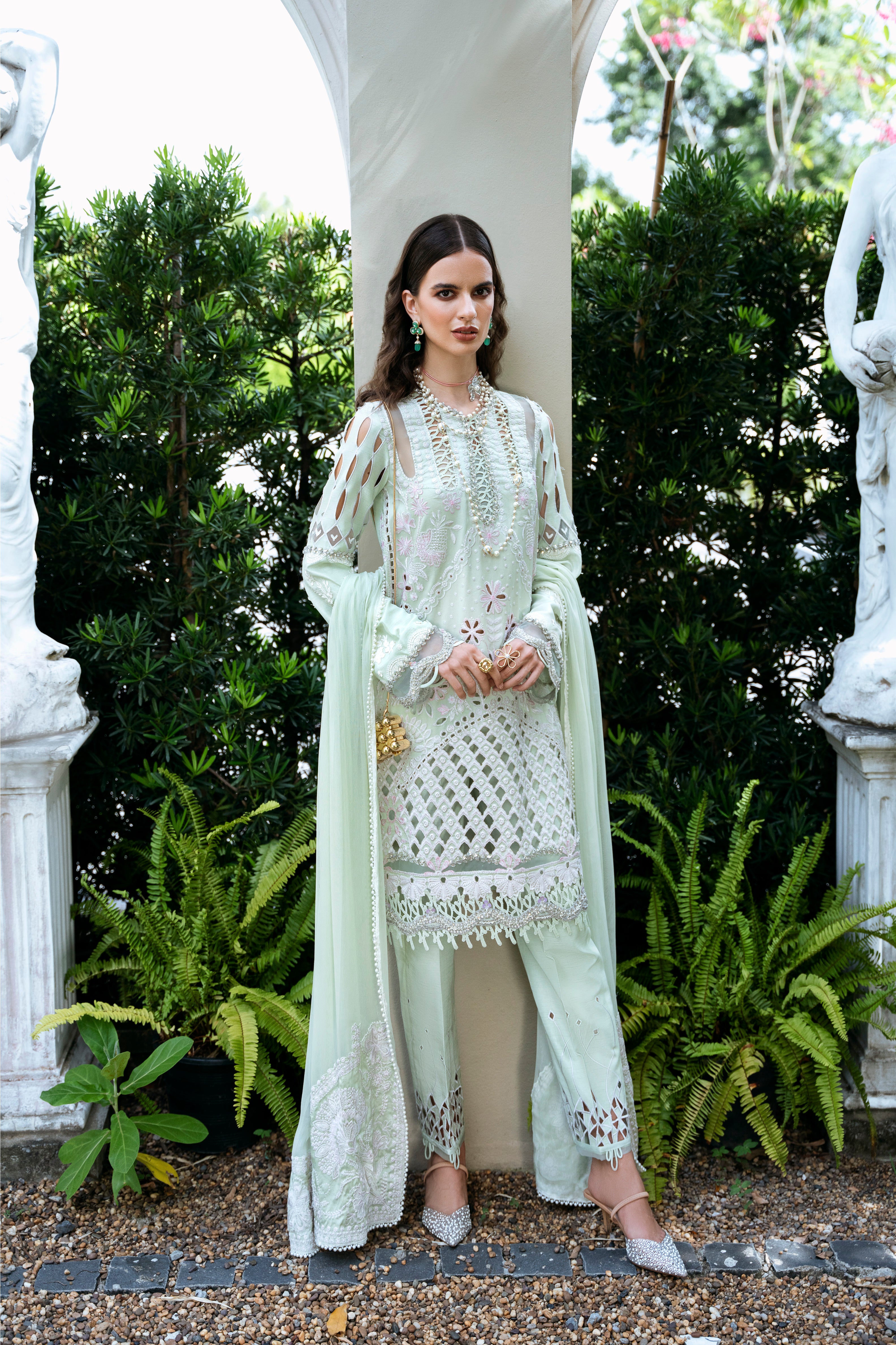 Pakistani Mint Green Embroidered Korean Silk Salwar Kameez (3-Piece) - Image 1