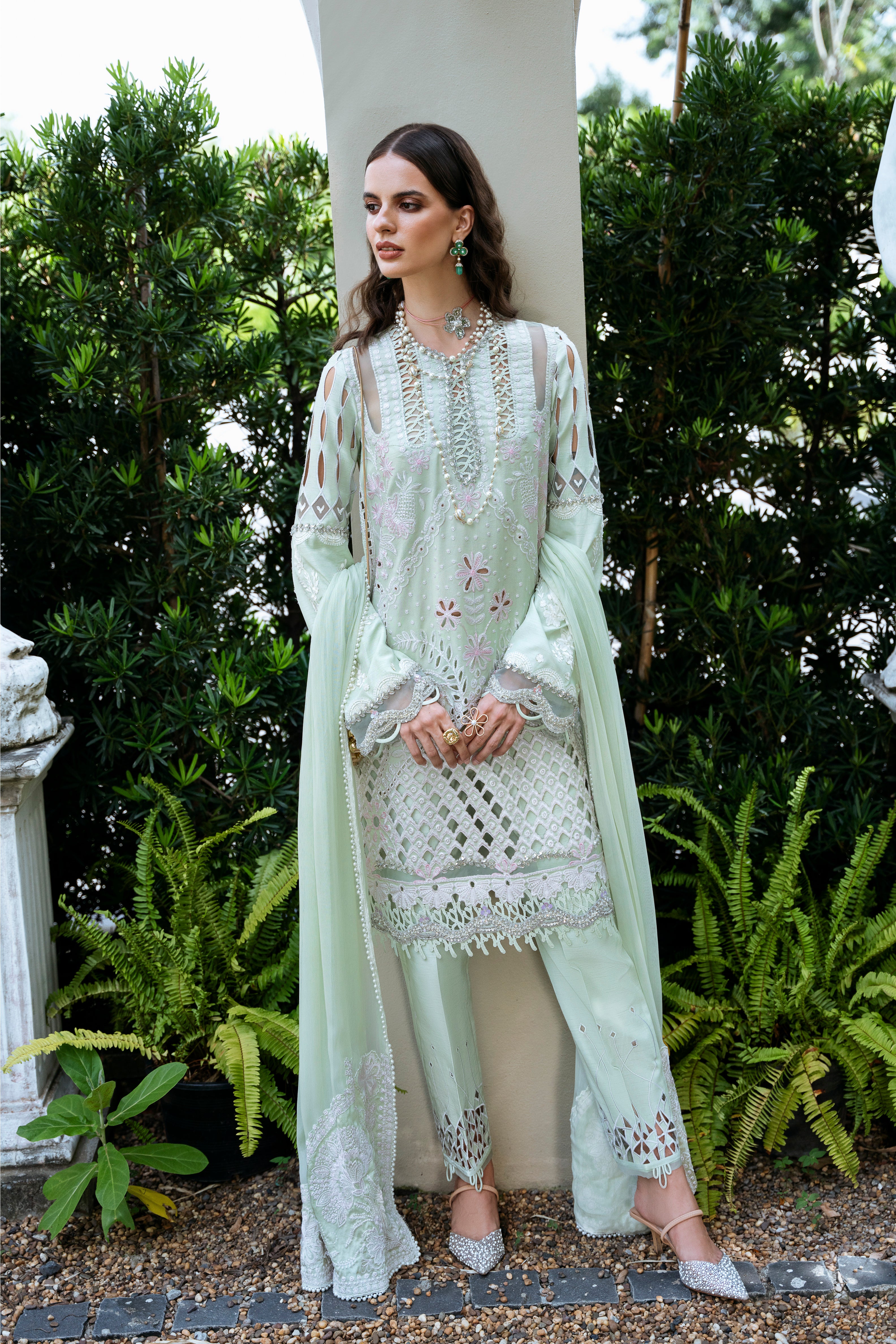 Pakistani Mint Green Embroidered Korean Silk Salwar Kameez (3-Piece) - Image 2