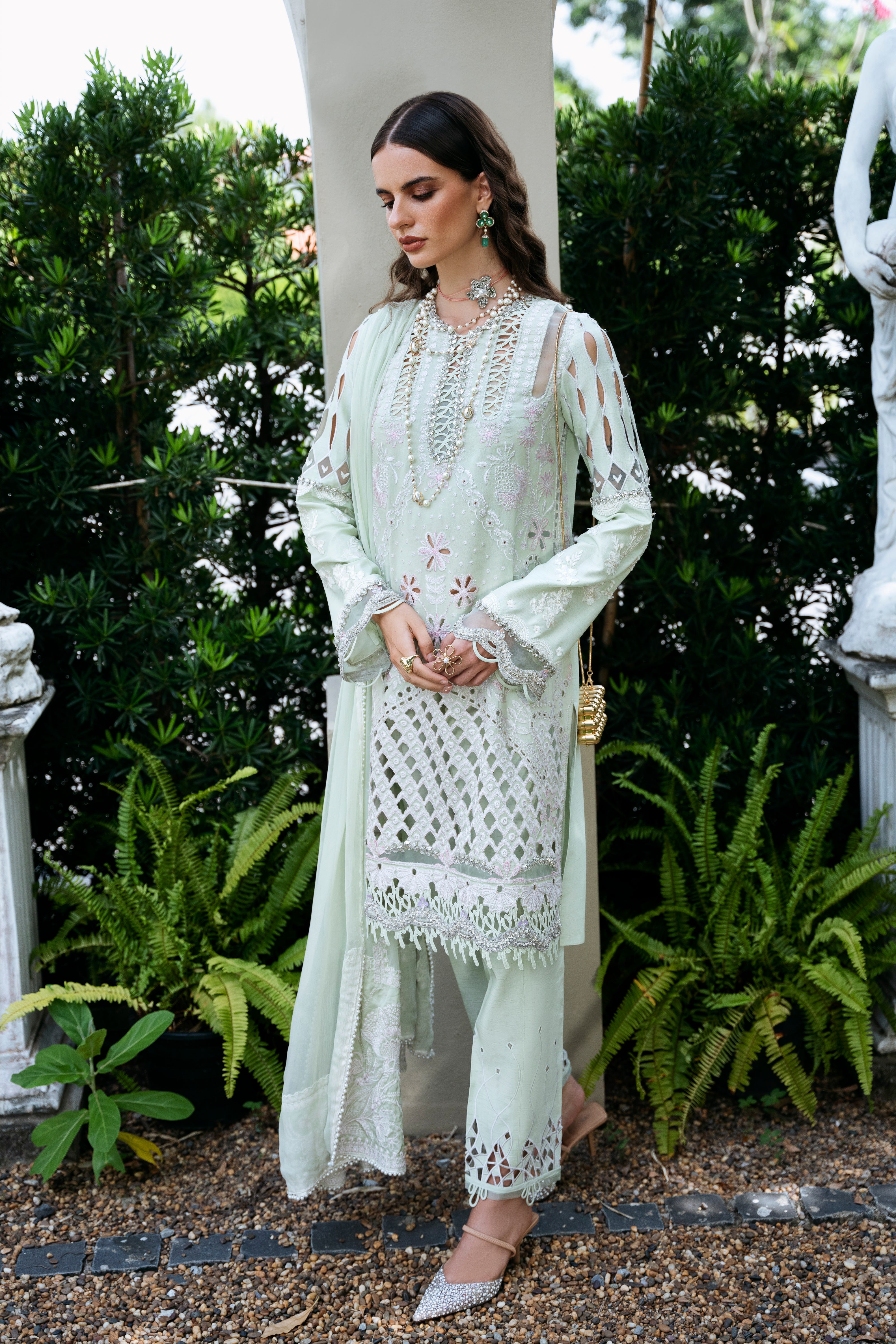 Pakistani Mint Green Embroidered Korean Silk Salwar Kameez (3-Piece) - Image 4