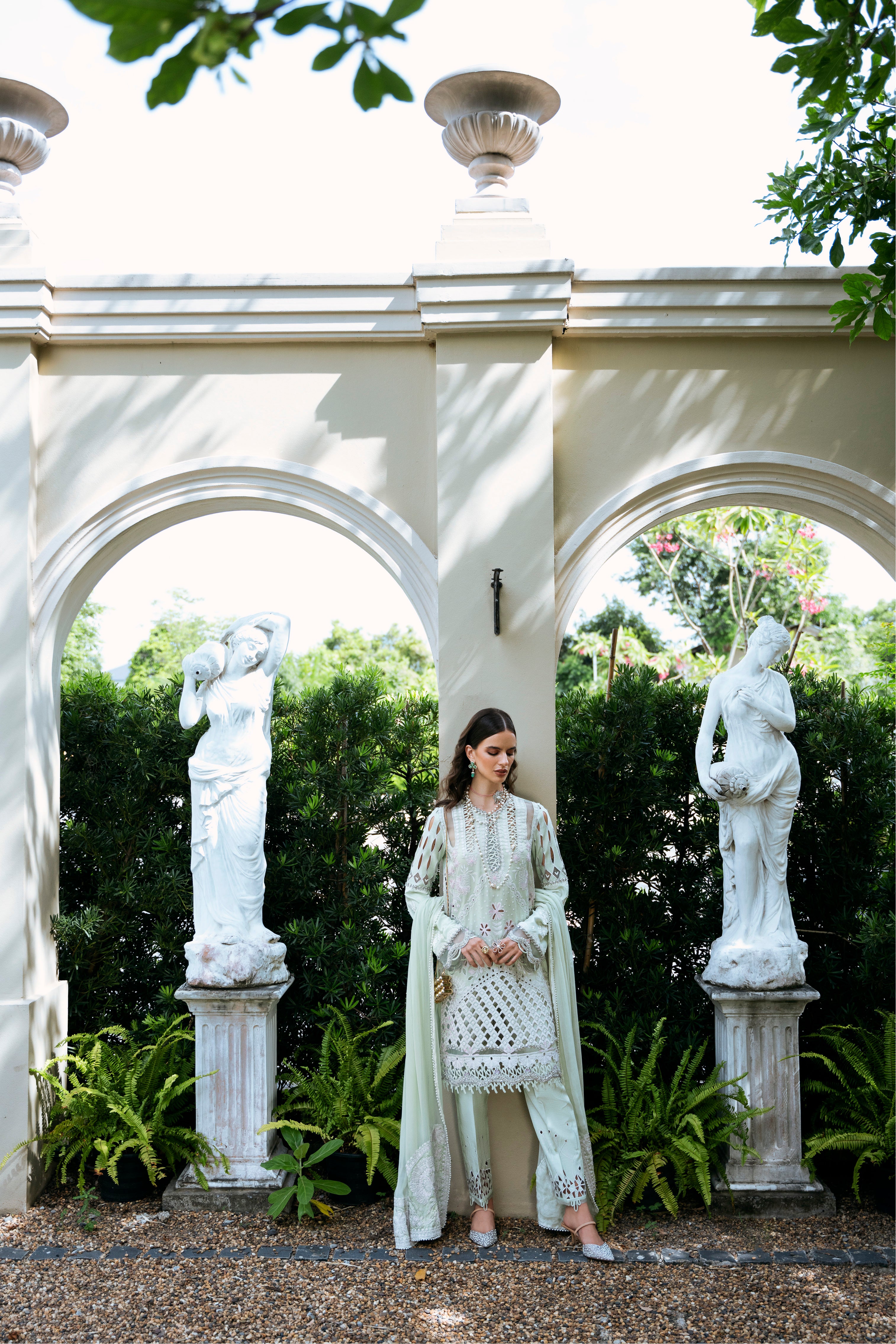 Pakistani Mint Green Embroidered Korean Silk Salwar Kameez (3-Piece) - Image 5