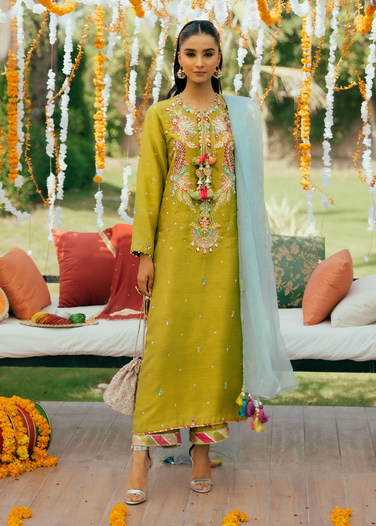 Dhani Green Embroidered Korean Silk Salwar Kameez (3-Piece) - Image 1