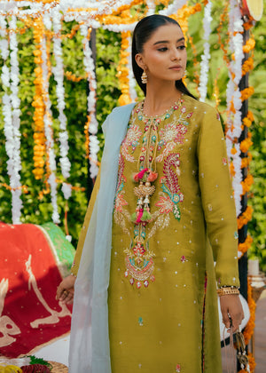 Dhani Green Embroidered Korean Silk Salwar Kameez (3-Piece) - Image 3