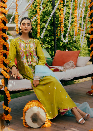 Dhani Green Embroidered Korean Silk Salwar Kameez (3-Piece) - Image 5