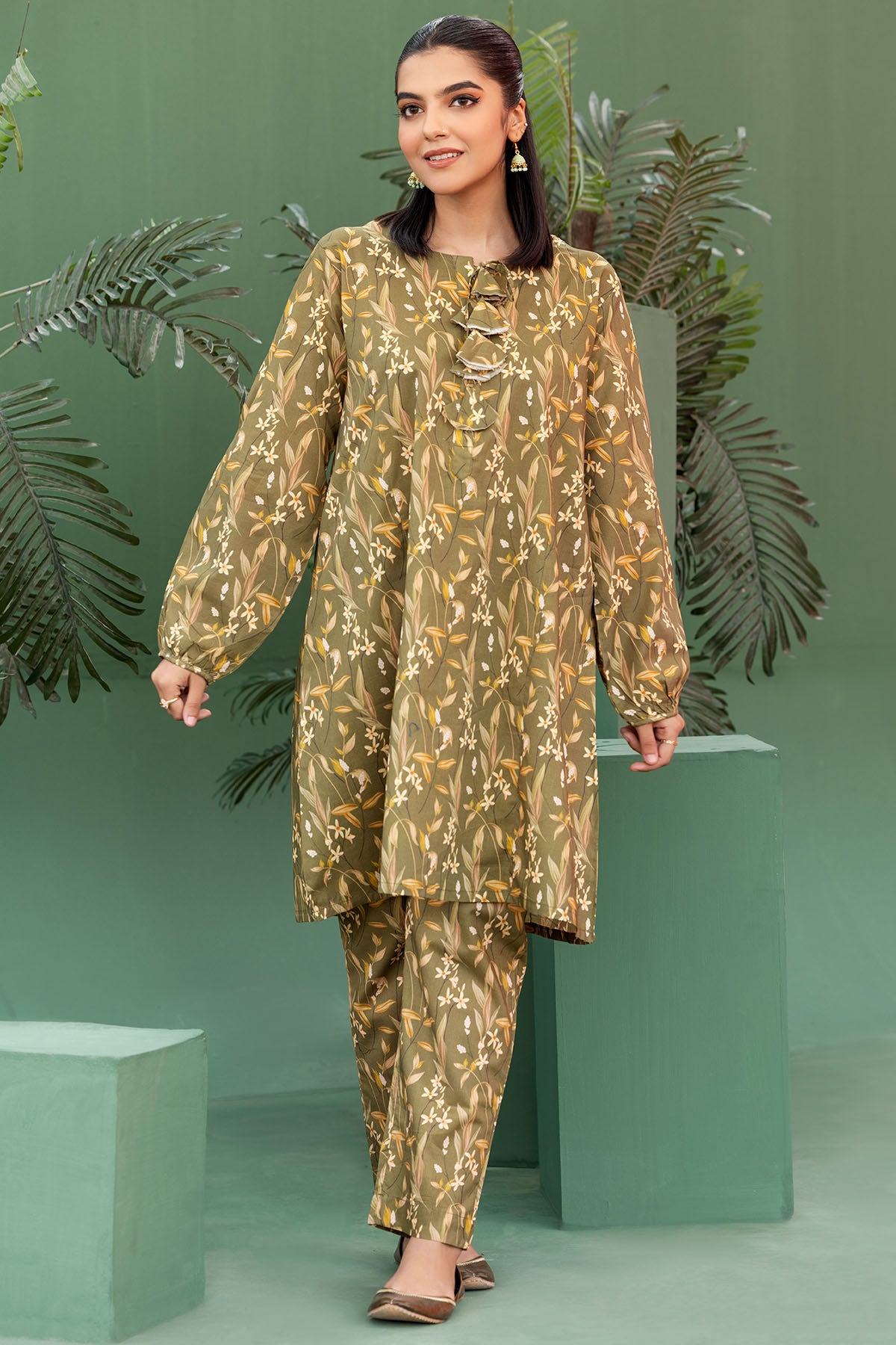 Olive Digital Printed Lawn Salwar Kameez (2-Piece) - Image 1