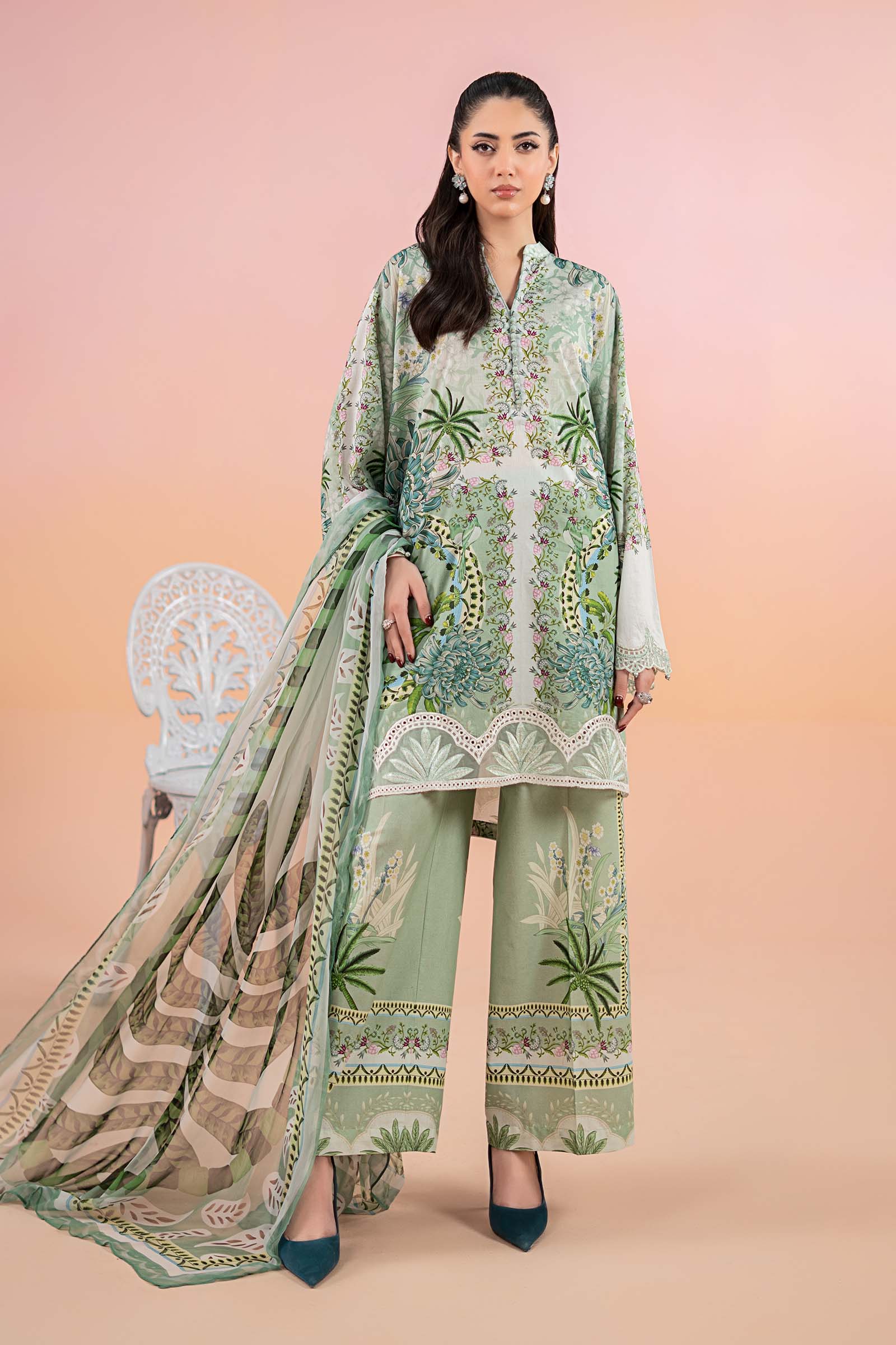 Pakistani Green Printed Lawn Salwar Kameez (3-Piece) - Image 1