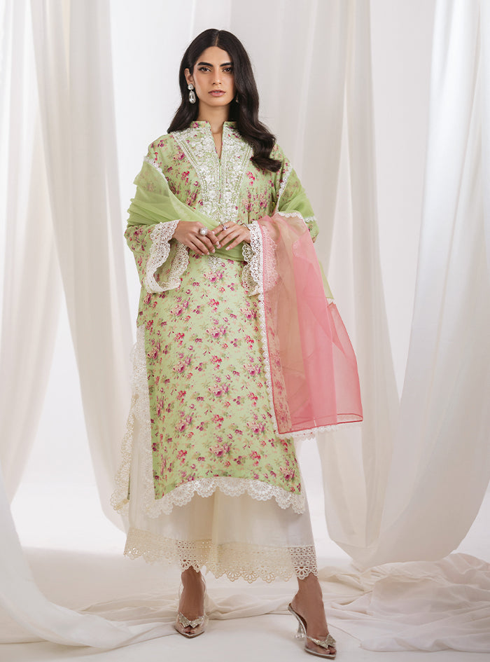 Mint Green Floral Embroidered Lawn Salwar Kameez (3-Piece) - Image 1