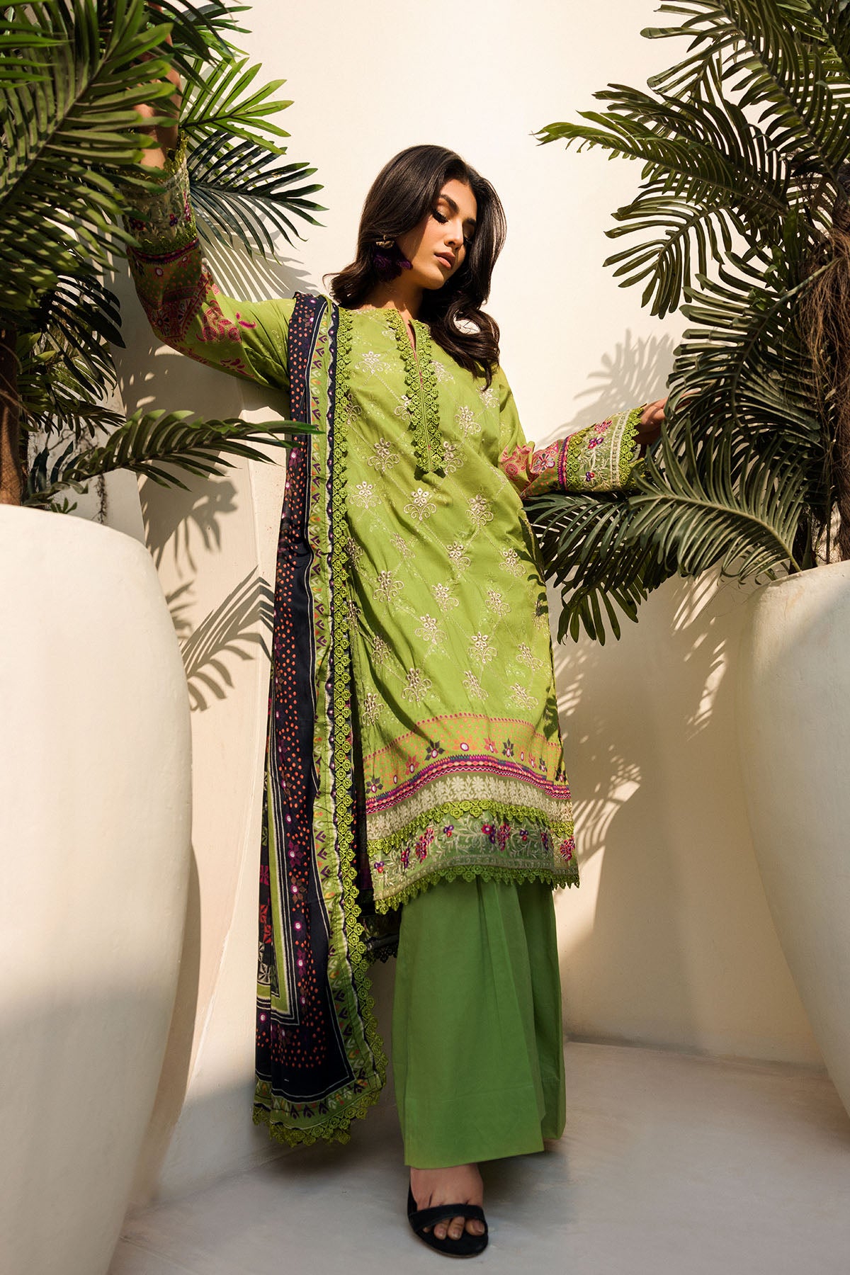Pakistani Lime Green Embroidered Lawn Salwar Kameez (3-Piece) - Image 2