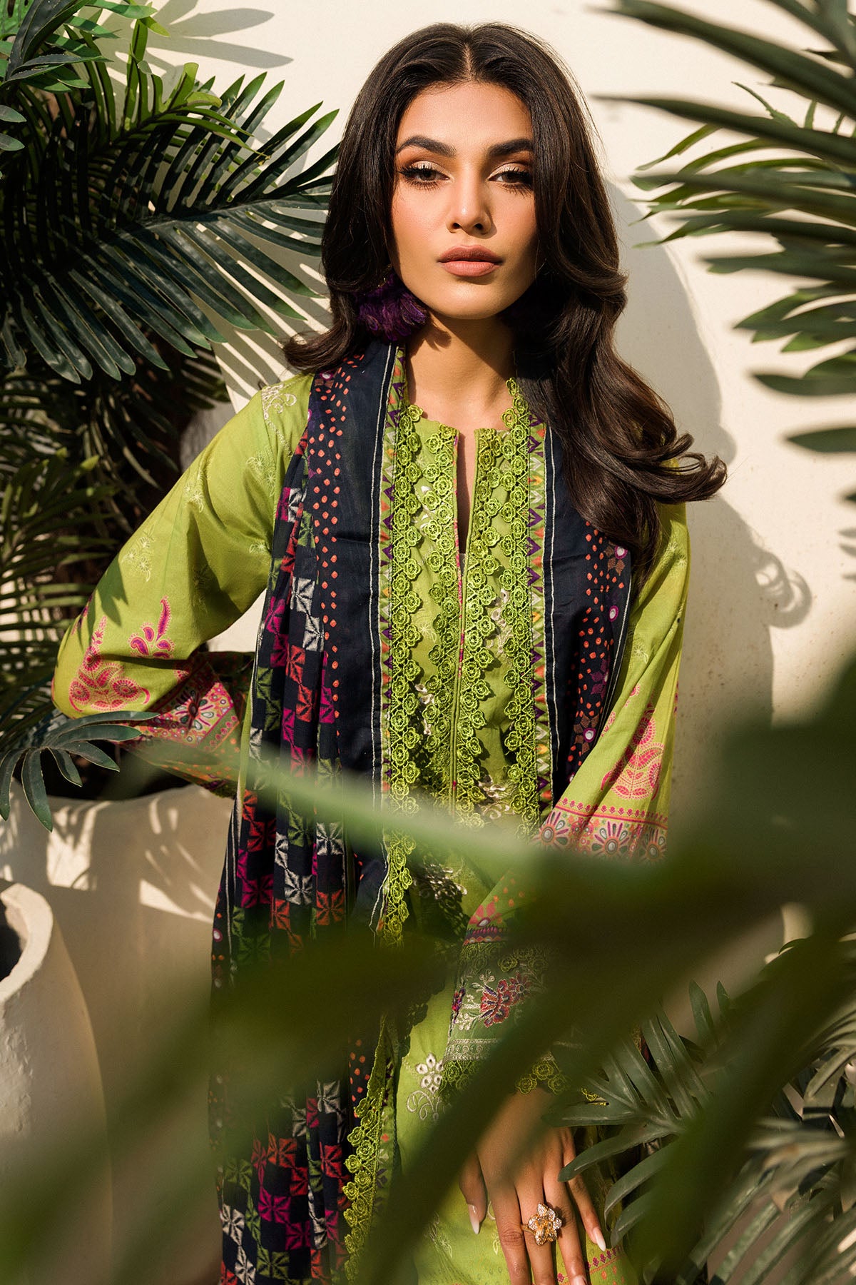 Pakistani Lime Green Embroidered Lawn Salwar Kameez (3-Piece) - Image 3