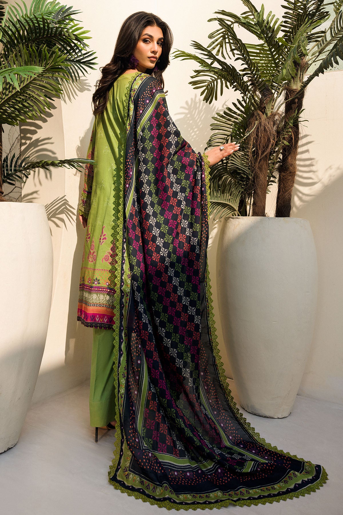 Pakistani Lime Green Embroidered Lawn Salwar Kameez (3-Piece) - Image 5
