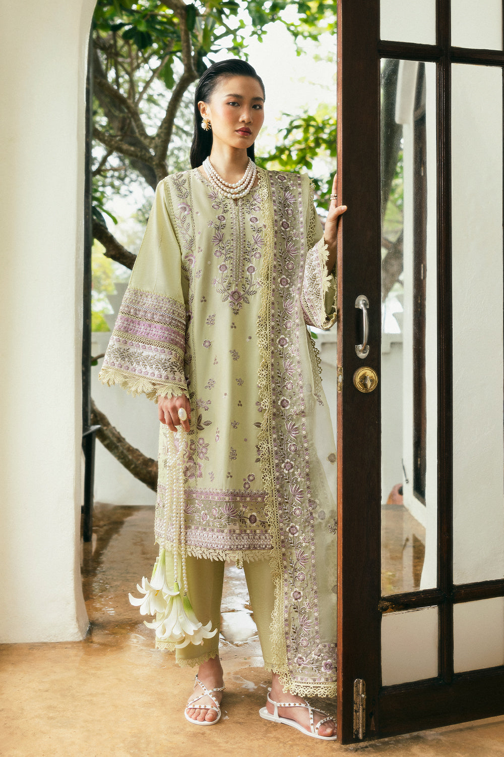 Pakistani Lime Green Embroidered Lawn & Organza Salwar Kameez (3-Piece) - Image 3